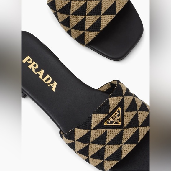 NWOB Prada Women's Embroidered Fabric Slides in Black/Beige - Picture 7 of 14